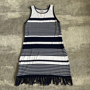 Tommy Bahama Striped Mesh Knit Fringe Cover Up Dress Navy White TSW22232C L